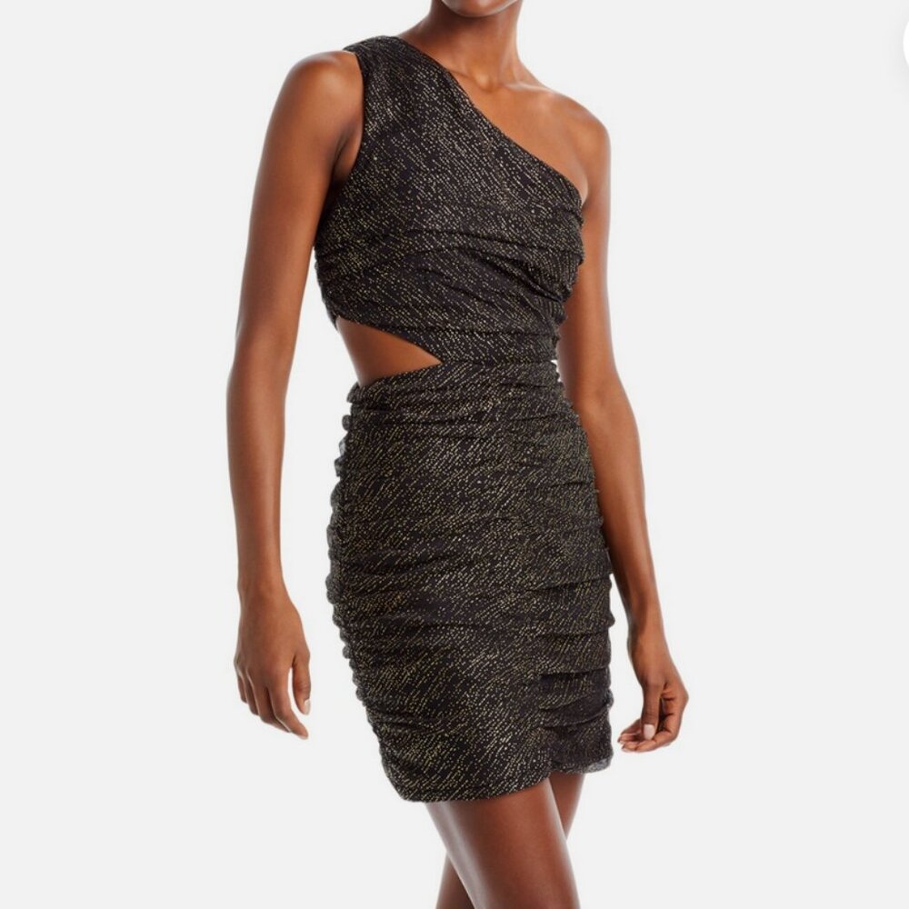 LN AQUA Metallic Dot Cut Out One Shoulder Dress Women's XL Black Gold Party zip